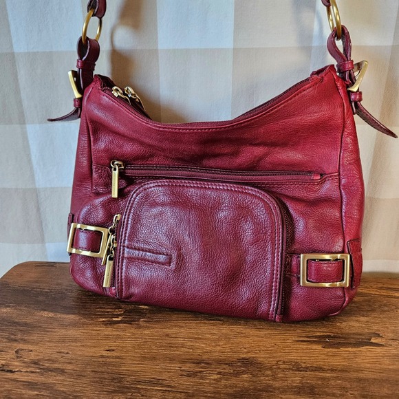 Stone Mountain Handbags - Stone Mountain Burgundy Red Pebbled Leather Hobo Shoulder Bag Purse Pockets Gold